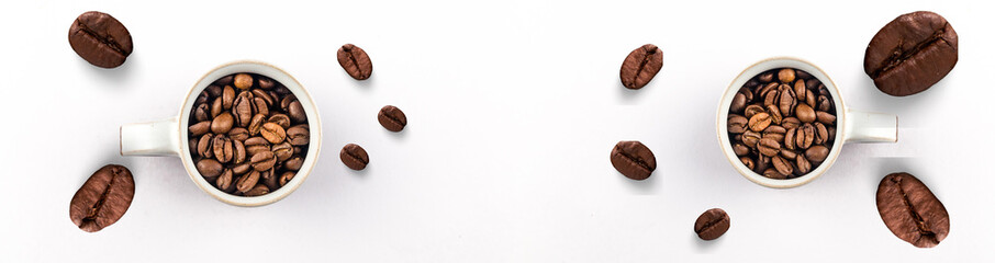 Coffee Beans in White Cup with Scattered Roasted Beans on a Minimal White Background