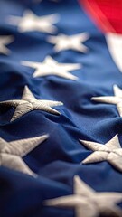 Close Up of United States Flag with Embroidered Stars and Stripes in Red White and Blue Patriotic Symbol of American Pride and Heritage Macro Focus