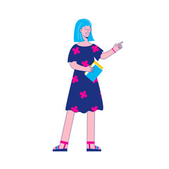 Illustration of Woman with Blue Hair in Floral Dress Pointing on Transparent Background