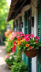 Vibrant hanging baskets overflowing with colorful flowers and lush greenery, creating a stunning floral display perfect for home decor or garden inspiration ,  garden,  charming