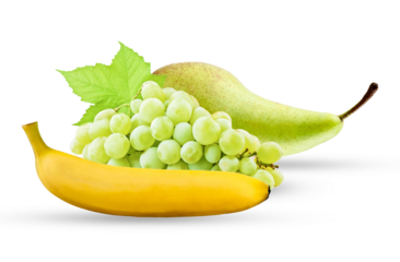 sweet green grapes, ripe pear, and yellow banana representing healthy snacks