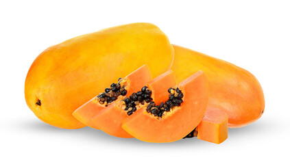 fresh ripe papayas with vibrant orange slices and black seeds on a transparent background
