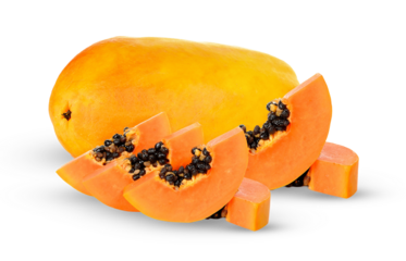 whole ripe papaya accompanied by fresh wedges and small cubes of tropical fruit