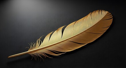 Golden feather on black background, elegant and detailed.
