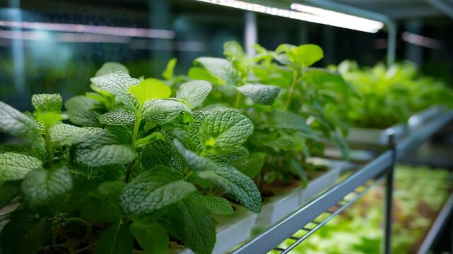 A row of plants with green leaves are on a shelf. in a greenhouse. Closeup mint leaves in hydroponic rack with clear view of fish tank below, vertical aquaponics farm fresh green-blue tone