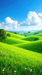 Vibrant summer landscape with rolling hills, lush green meadows, and a clear blue sky; perfect for travel, nature, and vacation websites , carefree, happy, meadows