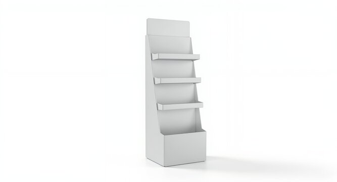 A white, blank, floor-standing display unit