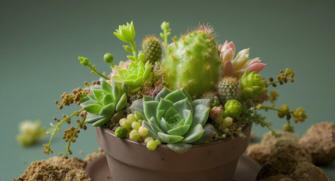 A vibrant arrangement of succulents and cacti in a terracotta pot, close-up