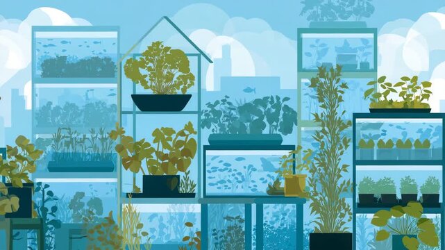 A row of greenhouses with plants inside. The plants are in different sizes and shapes. Minimal flat illustration of vertical aquaponics farm system overview, green‑blue color palette