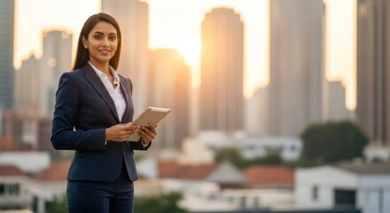 A businesswoman standing in front of a city skyline at sunset, holding a tablet.