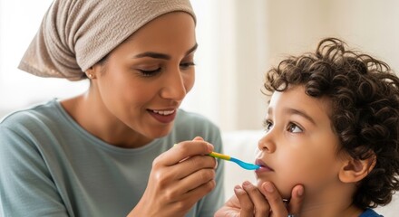 A woman with a headscarf brushing a child's teeth with a blue toothbrush.