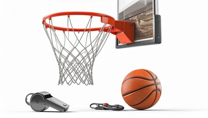 The image displays a basketball hoop with net attached and a basketball alongside a whistle and a carabiner clip against a stark white background, creating a composition of sports equipment.