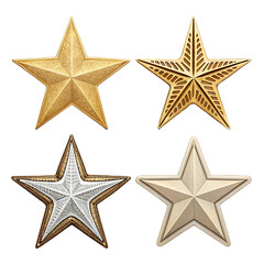 Obraz premium Collection of four gold and silver star badges isolated on transparent background, perfect for military, police, sheriff, or achievement recognition, adding a touch of honor