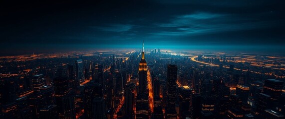 Obraz premium Breathtaking aerial view of a sprawling metropolis at night, with towering skyscrapers illuminating the urban landscape under a deep blue sky