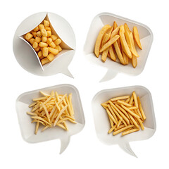 Four speech bubbles isolated on transparent background, each containing a different type of french fry, including regular, shoestring, and waffle fries, as well as potato gems