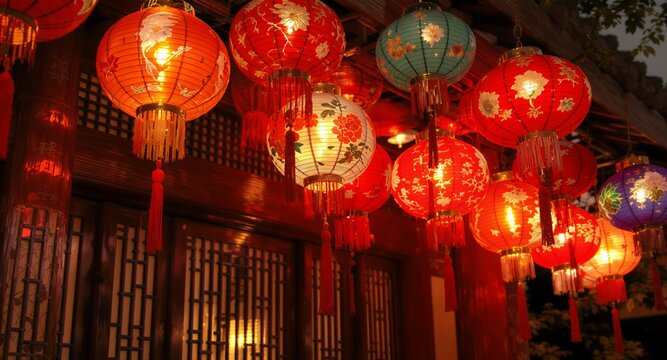 Chinese Lanterns Illuminated Against Red Wooden Background - Powered by Adobe