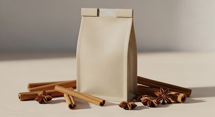 Kraft paper bag mockup surrounded by aromatic cinnamon sticks and star anise.