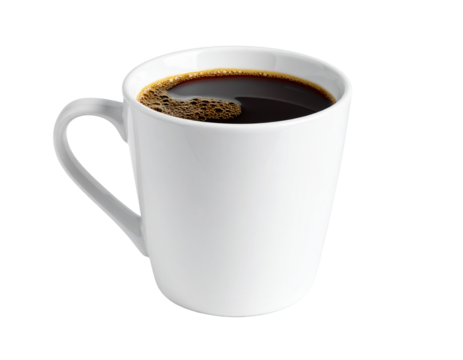 A close-up of a dark, freshly brewed coffee in a white cup, emphasizing the delightful texture of the crema and the simple elegance of the scene.