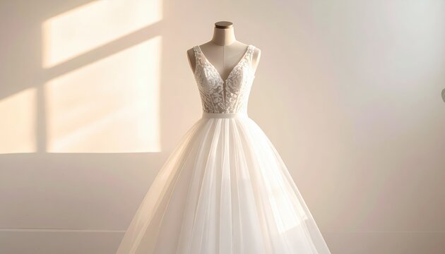 Elegant white wedding gown displayed on a mannequin, featuring a delicate lace bodice and flowing tulle skirt, illuminated by natural sunlight and creating a serene atmosphere, perfect for bridal...