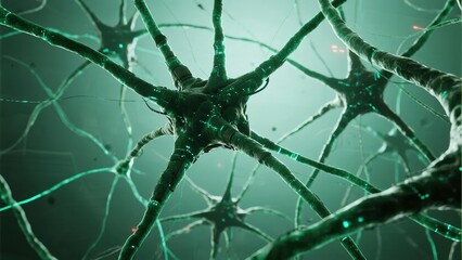 Neural network visualization with glowing green neurons and synaptic connections in a biological brain environment