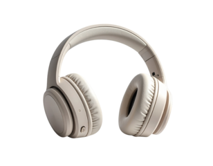 A pair of beige wireless headphones with a clean, minimalist design, symbolizing the fusion of modern technology, fashion, and personal entertainment.