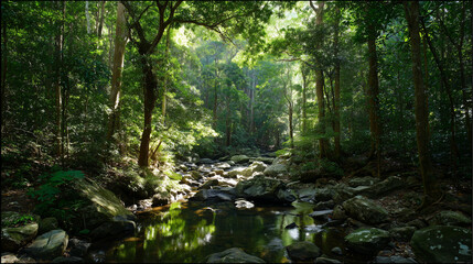 stream. Sunlit forest stream with dappled light reflecting off crystal clear water over rocks. travel magazines, destination branding, designed for travel destination branding, used by researchers.
