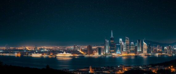 Fototapeta premium Spectacular panoramic night cityscape illuminated skyscrapers reflect on serene bay waters
