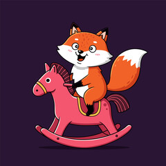 Smiling cartoon fox rides a pink rocking horse with red mane on a dark purple background.