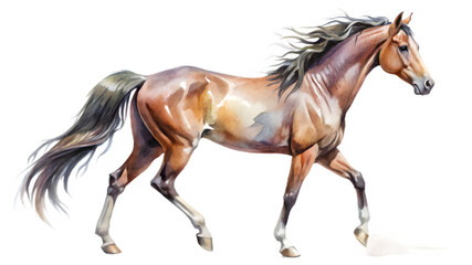 Watercolor horse isolated on transparent background trotting with a flowing mane