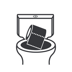 Isolated pictogram of toilet paper roll inside wc bowl,for  prohibition, clogged drain warning, sanitary sign, public restroom hygiene.