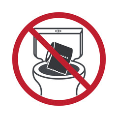 Isolated prohibition sign, do not flush toilet paper roll into wc, warning sign for blockage, plumbing damage, restroom hygiene caution