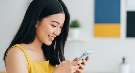 A young woman smiling while using a smartphone in a cozy living room.