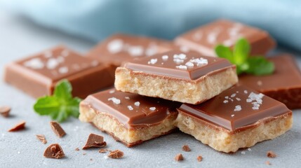 Stacked Square Pieces of Salted Milk Chocolate Candy on Gray Background