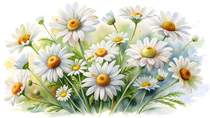 Fototapeta premium Watercolor painting of a bunch of daisies isolated on white background