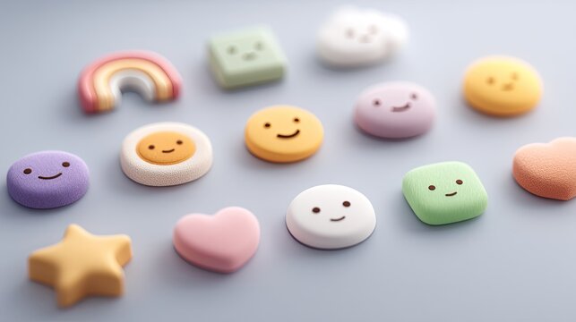 Pastel Colored Emoji Candy Icons 3D Render in Cinematic Glowing Style on Light Blue Background