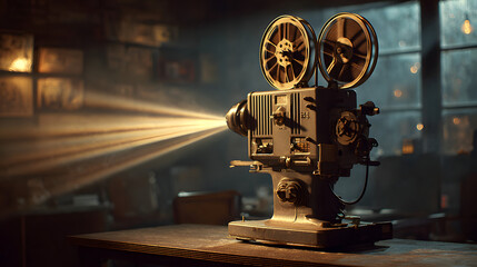 Naklejka premium Vintage 1950s film projector illuminating a nostalgic cinematic experience with reels