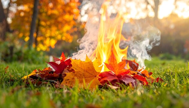 Autumn leaves burning in a small fire on a grassy lawn, backlit by the setting sun