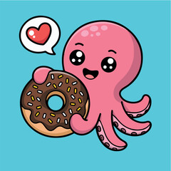 Obraz premium vector concept for cute cartoon octopus holding chocolate donut with heart speech bubble on blue background sweet treat illustration