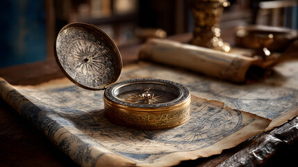 Antique 1800s engraved brass compass and old world map for nautical exploration