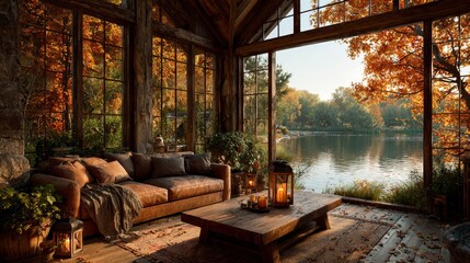 Cozy rustic lake house interior with large windows showing autumn trees and colorful fall leaves, sofa and coffee table lantern, warm inviting atmosphere with scenic lake view