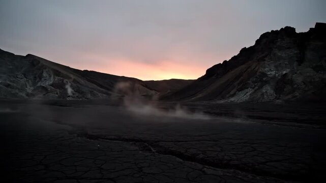 Wide-angle, cinematic shot of dramatic volcanic rock formations in a desolate wilderness, with subtle steam rising from the ground terrain, dramatic volcanic rock formations, natural