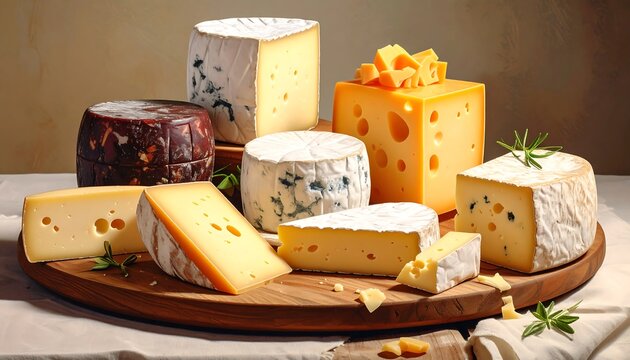 Assorted cheeses on a wooden platter