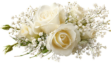 Close-up of a wedding bouquet with ivory roses and small flowers