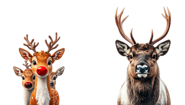 Cartoon Santa’s Reindeer Group and Realistic Santa’s Reindeer Group, isolated on transparent background