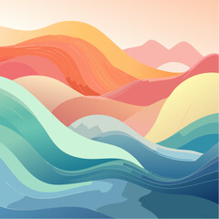 Fototapeta premium Abstract vector illustration of rolling hills and flowing landscapes in vibrant, organic wave-like shapes, creating a modern and serene colorful design with gentle gradients