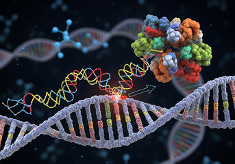 Detailed 3d illustration of a complex protein molecule interacting with a dna double helix in a dark scientific laboratory setting