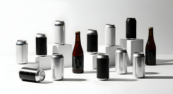 Assorted Aluminum Cans and Brown Bottles Arranged on White Cubes in Clean Studio Shot