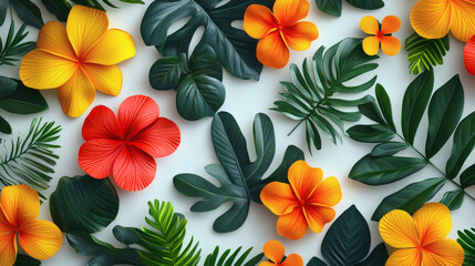 Tropical flowers and leaves pattern