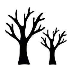 Two silhouetted bare trees against a white background