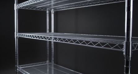 Shiny metal wire shelving unit against a dark background